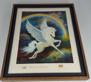 Vintage K Chin Unicorn Rainbow Lightning 70s 80s Picture Print Framed