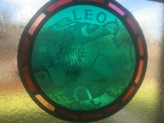 Rare Stained Glass Leaded Light Window Hanger Panel Etched With Lion.