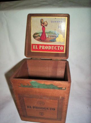 Vintage Wood Cigar Box El Producto Queens Dovetailed,  Hinged Top