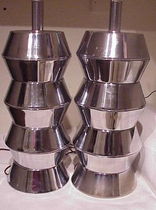 Vintage Pair 17 1/2 " Tall Sleek Mid Century Modern Stacked Chrome Table Lamps