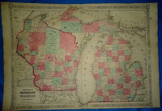 Vintage Civil War Period 1864 Map Michigan Wisconsin Old Antique & Authentic