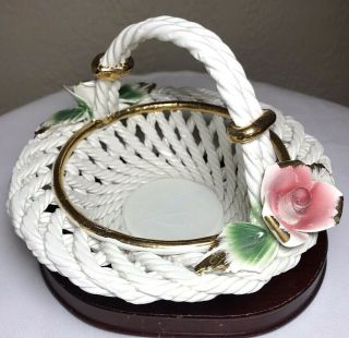 Vintage Capodimonte Italy Hand Painted Woven Basket Double Handle Roses 24k Gold