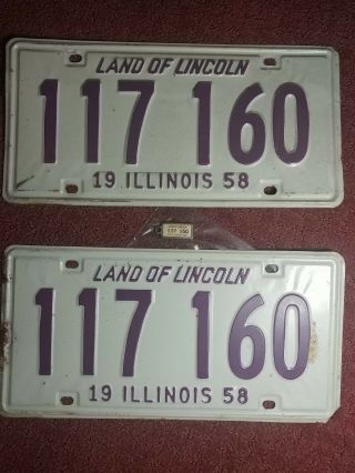 Two Vintage Illinois License Plates 1958 With Matching Dav Key Chain Fob