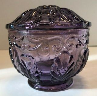 Vintage Fenton Amethyst Purple Pressed Art Glass Lidded Trinket Jar Leaf Design