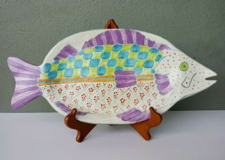 Vintage Hand Painted Studio Art Pottery Fish Shaped Platter Signed Ph