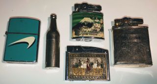 5 Vintage Lighters Camari Musical,  Kemp Bottle Continental Prince De Luis