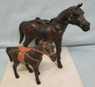 Vintage Leather Wrapped Horse & Foal Pony Statue Figurines (2) - Saddled Antique