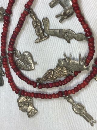 Antique Guatemalan Chachal Silver Necklace With 17 Images & Red Glsss Beads