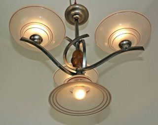 Modernist Style French Art Deco 4 Light Chandelier In Glass Wood & Chrome 1939