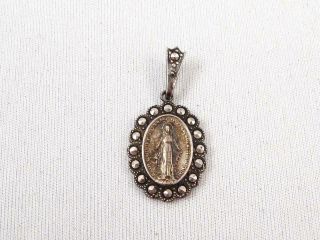 Vintage Virgin Mary Sterling Silver & Marcasite Pendant Medal Catholic