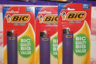 Bic Lighters " Slim Flick " Set Of (3) Purple Collectible In Package (uat - 6)
