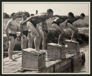 Dive Shot Swimmer Sport Army Handsome Men Trunks Muscle Bulge Gay Vtg Photo Ussr