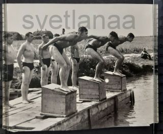 Dive shot Swimmer Sport Army Handsome men trunks muscle bulge Gay vtg photo USSR 2