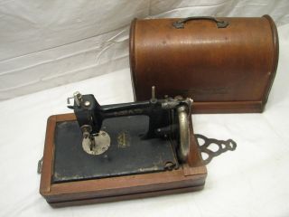Rare Antique Lead Hand Crank Sewing Machine Victorian W/wooden Case Japan