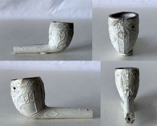 Antique Partial Clay Pipe Bowl & Stem - Flag & Geometric Design