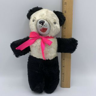 Vintage Plastic Nose Plush Panda Teddy Bear Google Eyes 10” Black White Stuffy