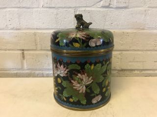 Vtg Antique Chinese Cloisonne Lidded Box / Jar W Floral Dec & Foo Dog Lid Finial
