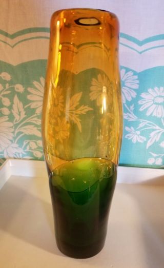 Vintage Green Gold Cased Art Glass Vase Ground Base Hand Blown 10 "