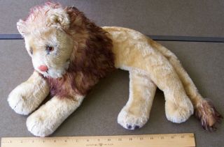 Vintage Large Steiff Reclining Lion W/ Glass Eyes & Mohair Mane - Button In Ear