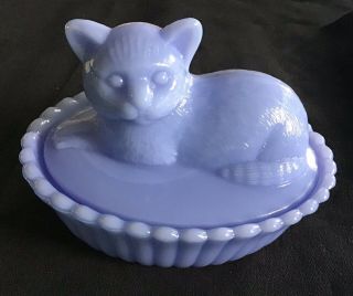 Vintage Westmoreland Blue Milk Glass Cat Candy Dish - Kitten On A Nest
