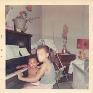 Double Duty Piano Practice - Young Girl Baby Black African American Vtg Photo