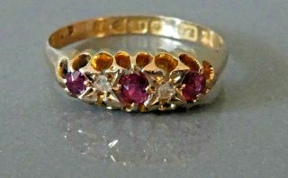 Antique Ruby Ring With Diamond Spacers Set In 18ct Gold.  Uk Size K.