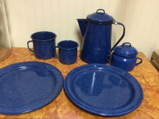 6 Pc Vintage Blue Speckled Enamel Coffee Pot,  Plates Cups,  Sugar Bowl Camping