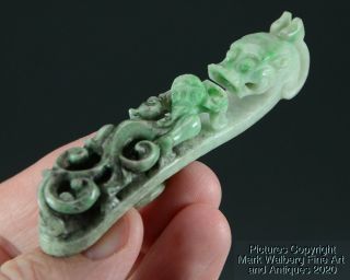 Chinese Carved Jadeite Dragon Head Belt Hook,  19th Century,  Late Qing Dynasty