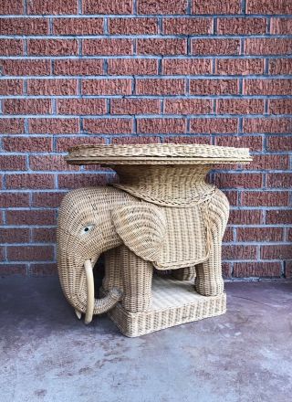 Vintage Wicker Elephant End Side Accent Table With Removable Tray - Plant Stand