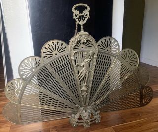 Vintage Antique French Peacock Fan Folding Cherub Brass Fireplace Screen