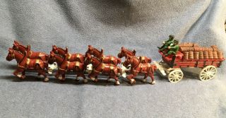 Vintage Cast Iron Horse Drawn Beer Wagon Dog 2 Drivers 8 Clydesdales 23 Kegs