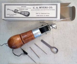 Vintage The Awl For All C.  A.  Myers Co.  Lock Stitch Sewing Repair,  W/ Accessories