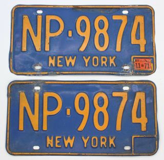 Vintage Plates - 1971 Antique York State Blue License Plate Pair