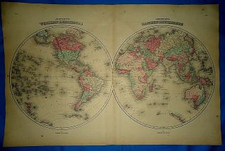 Vintage 1864 Atlas Map East & West World Hemispheres Old Antique Authentic