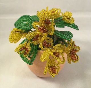 Vintage Yellow Flowers Arrangement Seed Bead Sculpture In Ceramic Planter