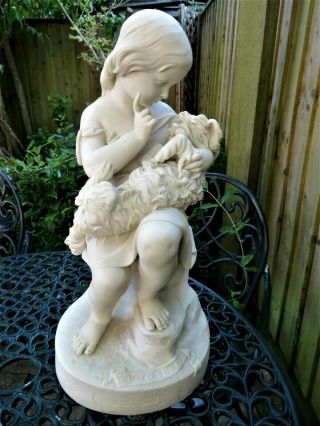 Antique 19thc Large Copeland Parian Figure Of " Go To Sleep " Girl With Her Dog