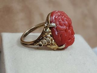 Vintage Antique 14k Yellow Gold Carved Red Coral Ring 5.  3 Grams Sz 7 Victorian