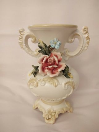 Capodimonte Porcelain Two Handled Vase Applied Flowers Vintage Italy 8.  5” Tall