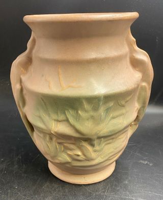 Antique 9” Mccoy Pottery Green & Tan Lizard Handle Water Lily Vase