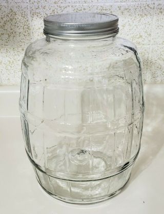 Vintage 2.  5 Gallon Glass Pickle Barrel Jar Storage Canister Anchor Hocking Jumbo