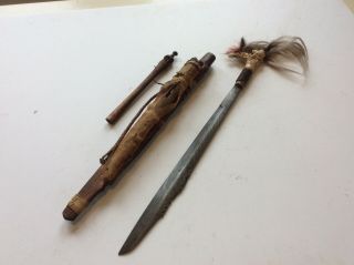 Old Antique Borneo Dayak Dyak Mandau Sword With Inlaid Blade
