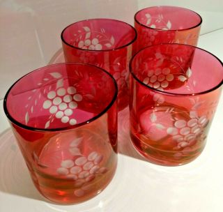 Vintage Cranberry Glass Cut To Clear Grape Pattern Lowball Glassware Set Of 4