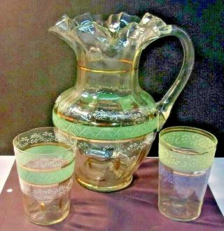Vintage Hand Blown Ruffled Edge Glass Pitcher Hand Painted With 2 Tumblers