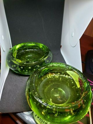 114 1 Left Vintage Heavy Green Art Glass Ash Tray Bubble Glass