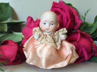 Antique German All Bisque Miniature Thumbs Up Baby Doll In Silk Dress 3” Mystery