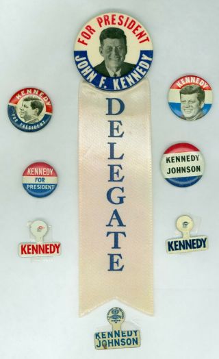 5 Vintage 1960 President Kennedy Political Campaign Pinback Buttons & 3 Tabs