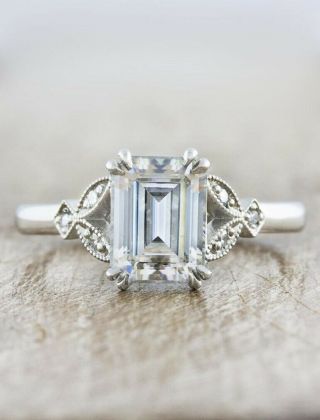 Vintage Antique Art Deco 1.  2 Ct Emerald Cut Diamond Wedding Ring 14k White Gold