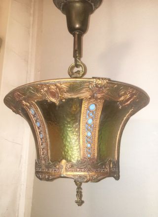 Vintage Arts & Crafts 1920s Amber & Blue Slag Glass Hanging Lamp Fixture