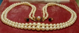 Antique ? Vintage Double Cultured Pearls Necklace 9ct Clasp Sapphire,  Studs