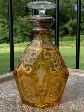 Antique Silver Mounted Moser Cut Engraved Amber Glass Decanter